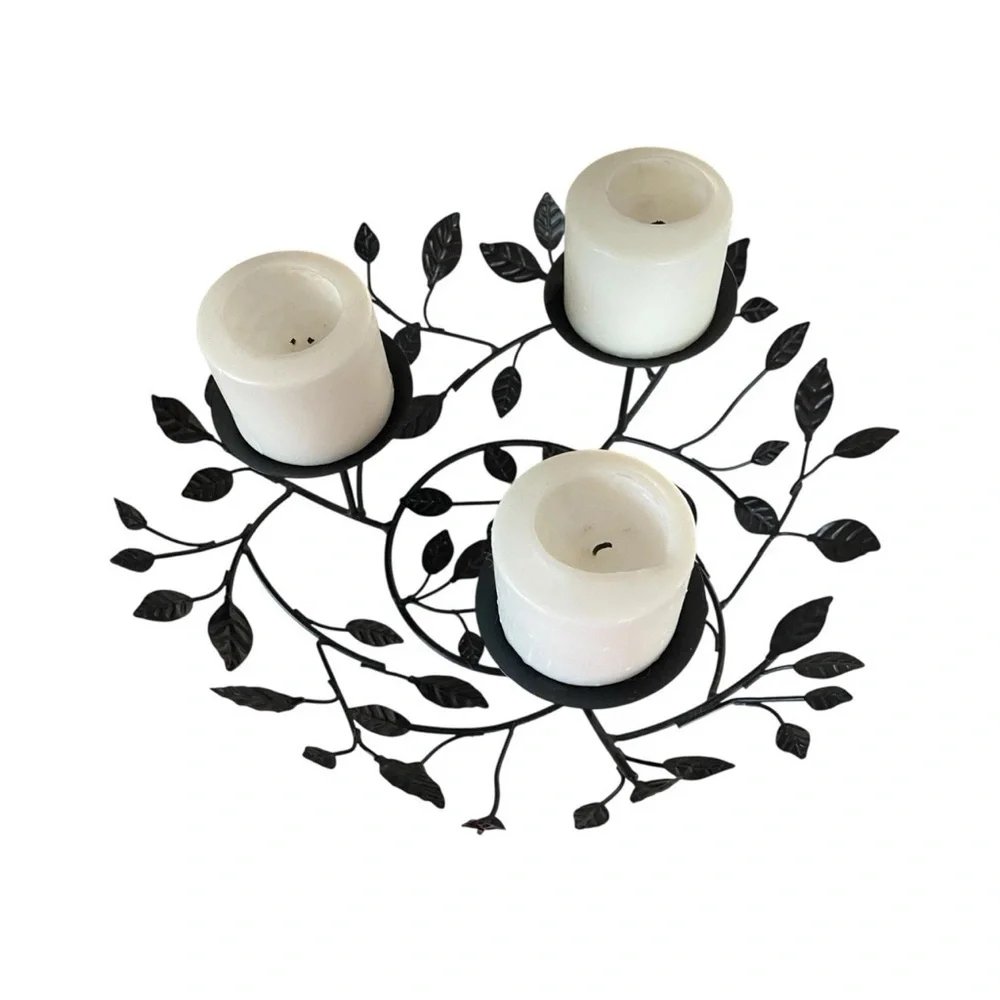 Rustic Metal Leaf Candle Holder Centerpiece with 3 Candles Year Round Decor